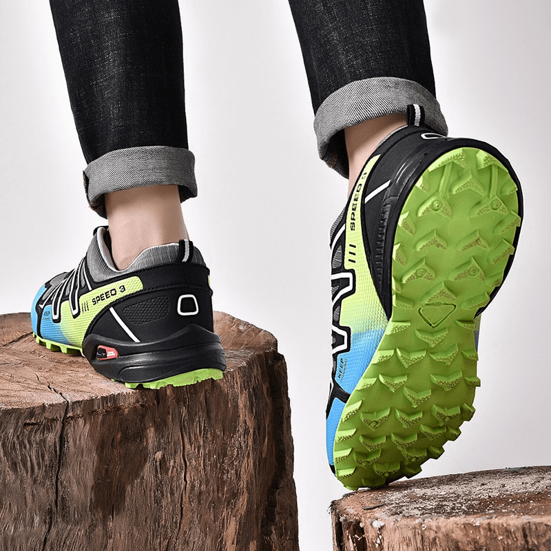 Close-up of vibrant waterproof non-slip men's sneakers with EVA outsole, ideal for sports and casual activities.